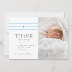 Carte De Remerciements Baptême Bleu Photo Stripes Classique
