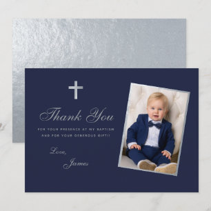 Carte De Remerciements Baptême Boy Photo Faux Silver Navy Bleu Script