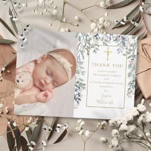 Carte De Remerciements Baptême Christening Floral Folial Photo Or