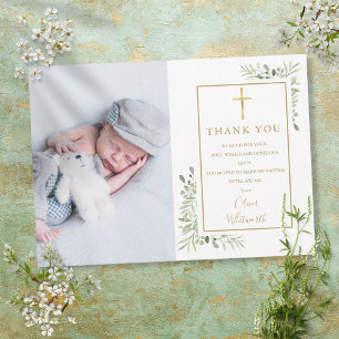 Carte De Remerciements Baptême Christening Green Cross Gold Photo