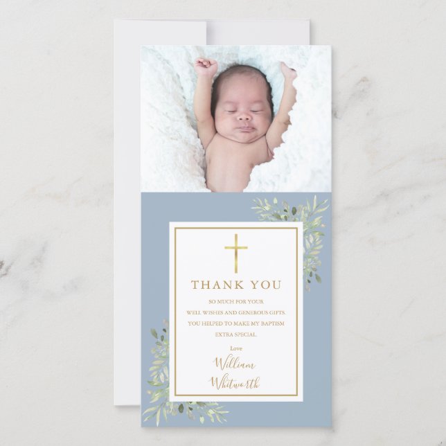 Carte De Remerciements Baptême Christening Green Photo Bleu (Devant)