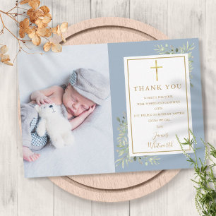 Carte De Remerciements Baptême Christening Green Photo Blue Boy