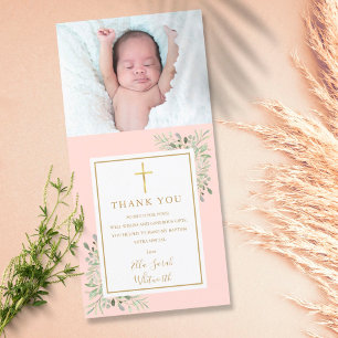 Carte De Remerciements Baptême Christening Green Photo Blush Pink