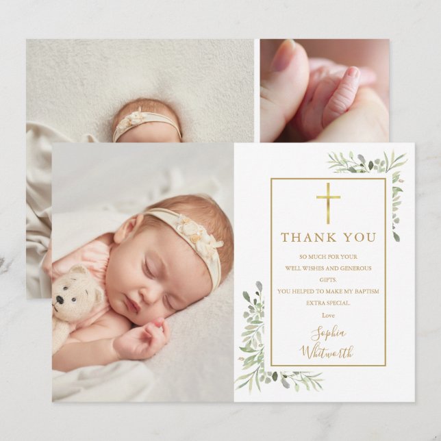 Carte De Remerciements Baptême Christening Green Photo Collage (Devant / Derrière)