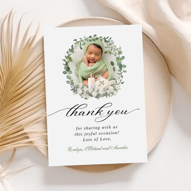 Carte De Remerciements Baptême Christening Photo Rose Floral (Créateur téléchargé)