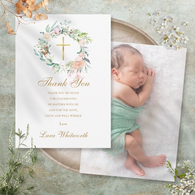 Carte De Remerciements Baptême Christening Photo Rose Floral Gold (Baptism Christening Photo Roses Floral Gold Thank You Card)