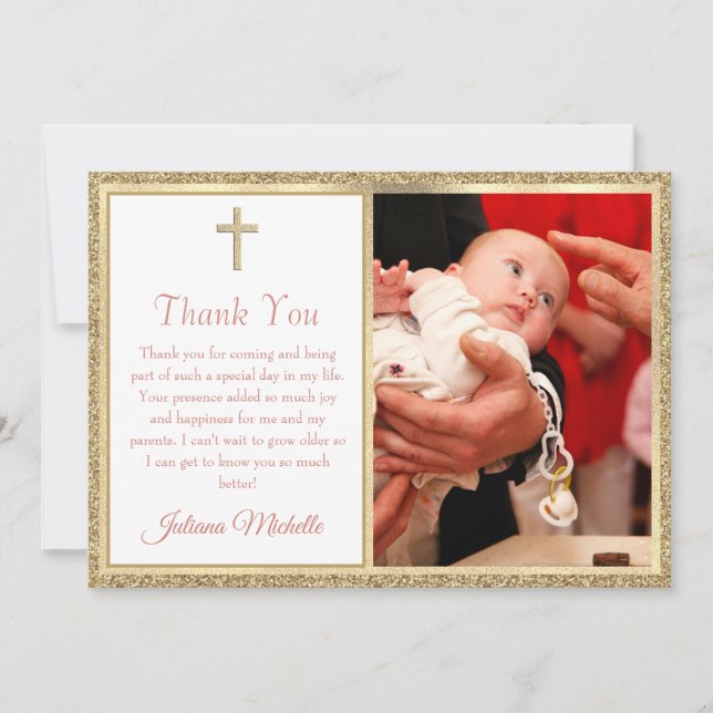 Carte De Remerciements Baptême Christening Religieux Croix d'Or Fille (Devant)