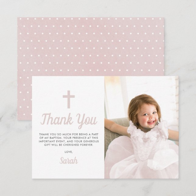 Carte De Remerciements Baptême Christening Religieux Rose Girl Photo (Devant / Derrière)