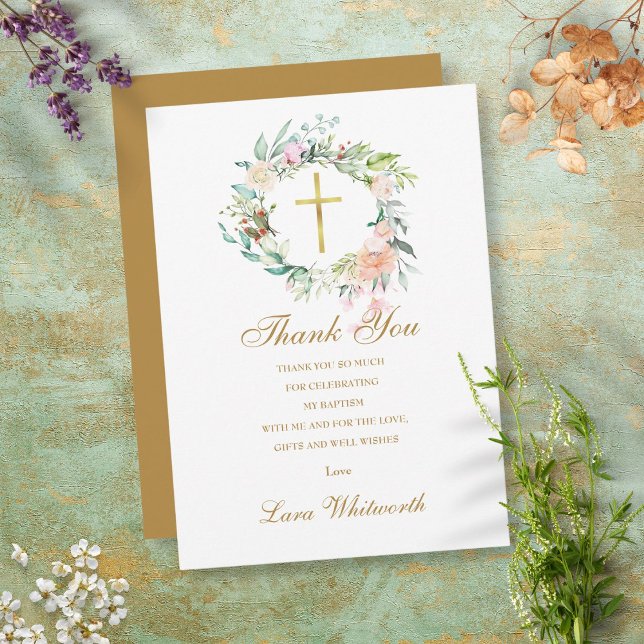 Carte De Remerciements Baptême Christening Rose Floral Gold Script (Créateur téléchargé)
