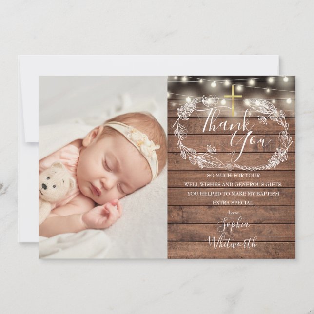 Carte De Remerciements Baptême Christening Rustic String Lights Photo (Devant)