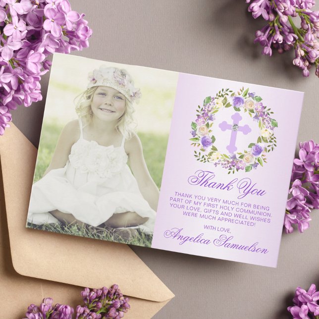 Carte De Remerciements Baptême Communion Confirmation Girl Purple PHOTO (Créateur téléchargé)