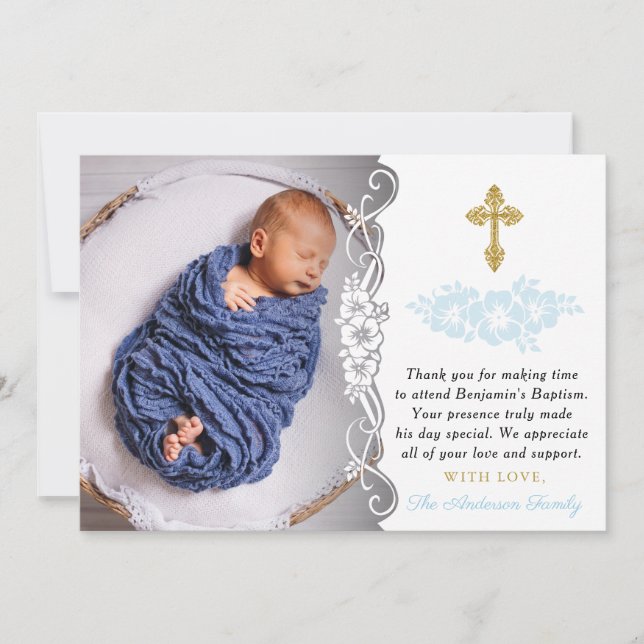 Carte De Remerciements Baptême De Bébé Bébé Bleu Et Or Élégant (Devant)