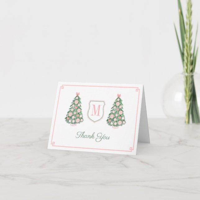 Carte De Remerciements Baptême de bébé de Noël rose vert monogramme éléga (Devant)