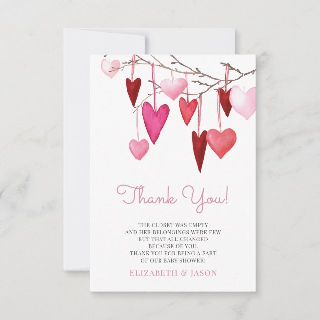 Carte De Remerciements Baptême de Bébé Fille au Coeur Rose de la Saint-Va (Devant)