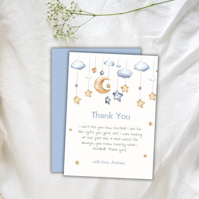Carte De Remerciements Baptême de bébé Twinkle Twinkle élégant bleu (Blue Elegant Twinkle Twinkle Baby Shower Thank You Card)
