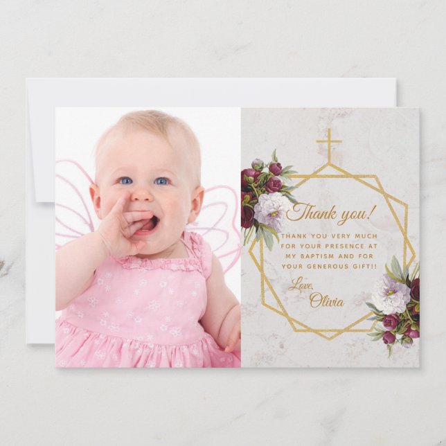 Carte De Remerciements Baptême de fille Burgundy Peonies Gold Cross Marbr (Devant)