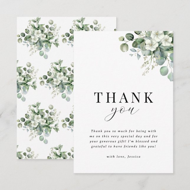 Carte De Remerciements Baptême de mariage floral à l'aquarelle Eucalyptus (Devant / Derrière)