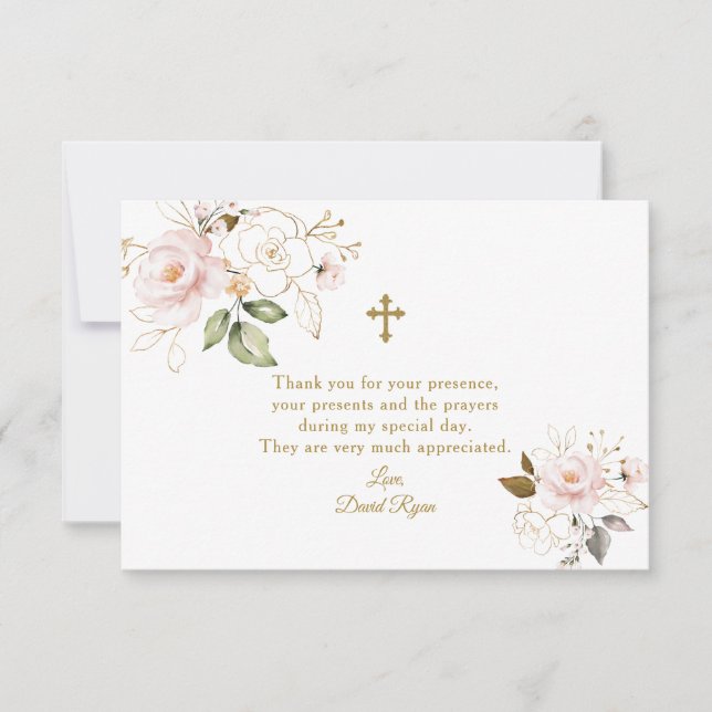 Carte De Remerciements Baptême élégant aquarelle fleurs roses or (Devant)