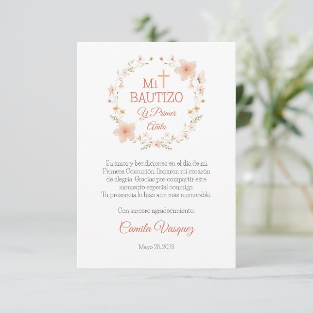 Carte De Remerciements Baptême et première année Aquarelle rose Fleurs (Debout devant)