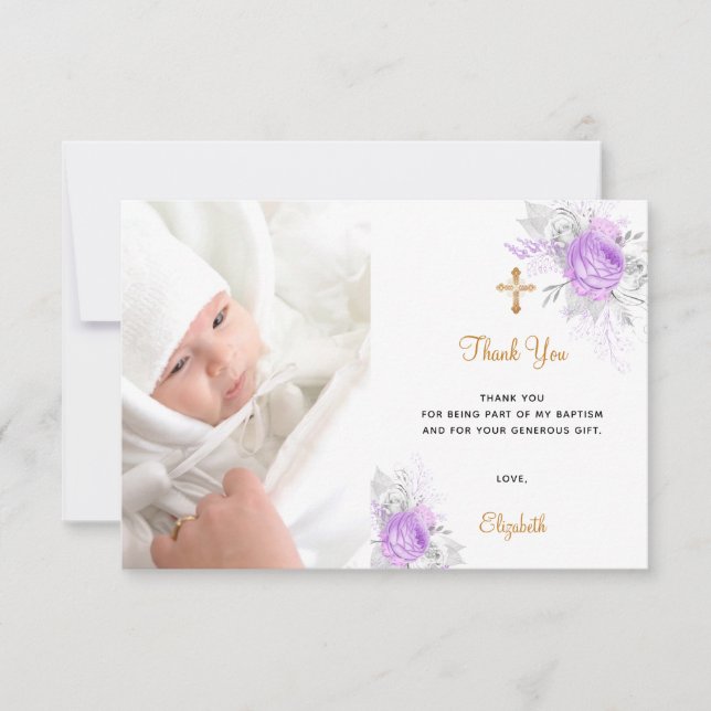 Carte De Remerciements Baptême fleurons violets personnalisées photo fill (Devant)