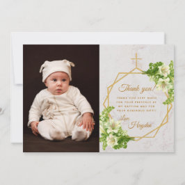 Carte De Remerciements Baptême floral Blanc Lys Marble Gold Cross