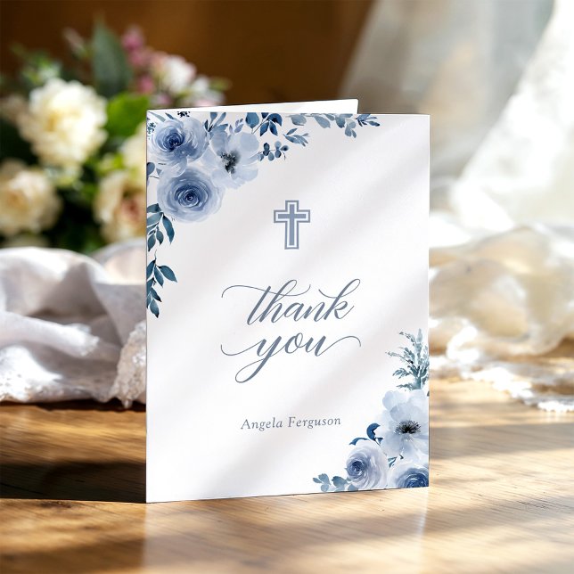 Carte De Remerciements Baptême Floral Bleu Gracieux Baptême Baptême (Créateur téléchargé)