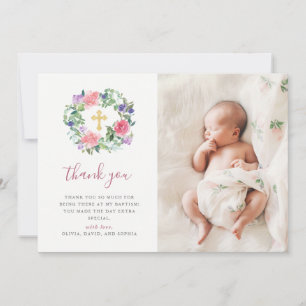 Carte De Remerciements Baptême floral peint à la main de photo de