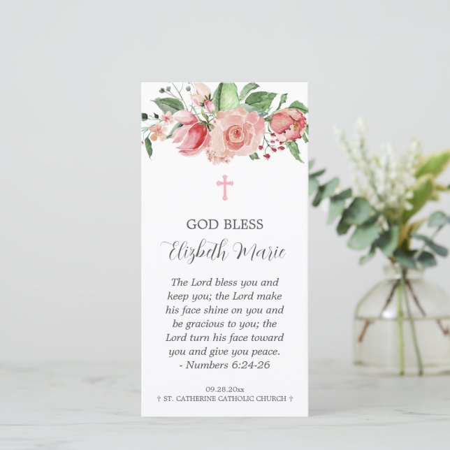Carte De Remerciements Baptême floral rose Signet pour les filles (Debout devant)