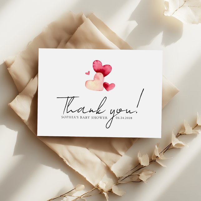 Carte De Remerciements Baptême Minimaliste Aquarelle Cœurs Rouges Bébé (Créateur téléchargé)