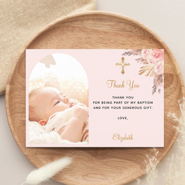 Carte De Remerciements Baptême pampas herbe arche photo blush rose fille (Créateur téléchargé)