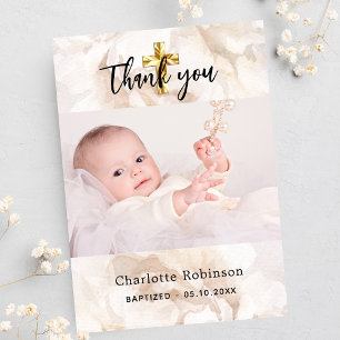 Carte De Remerciements Baptême photo blanc floral bébé garçon fille