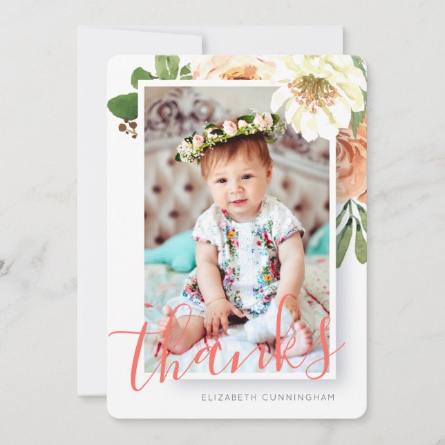 Carte De Remerciements Baptême Pour Elle Fleurs Aquarelle (Devant)