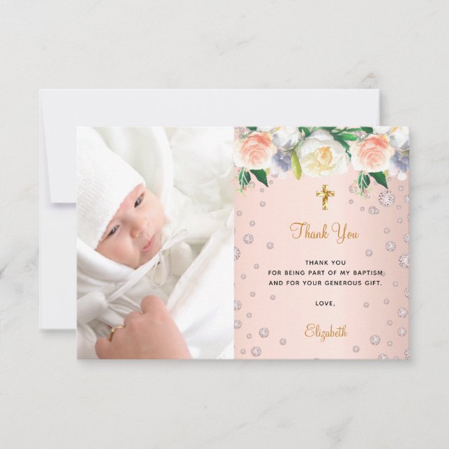 Carte De Remerciements Baptême rose or florales fille photo (Devant)