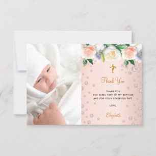 Carte De Remerciements Baptême rose or florales fille photo
