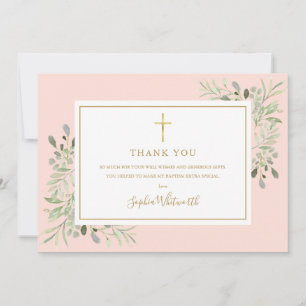 Carte De Remerciements Baptême Verdure Or Et Rose Brut Photo