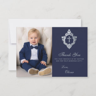 Carte De Remerciements Baptême Vintage Marine Argent Crest Cross Boy Phot