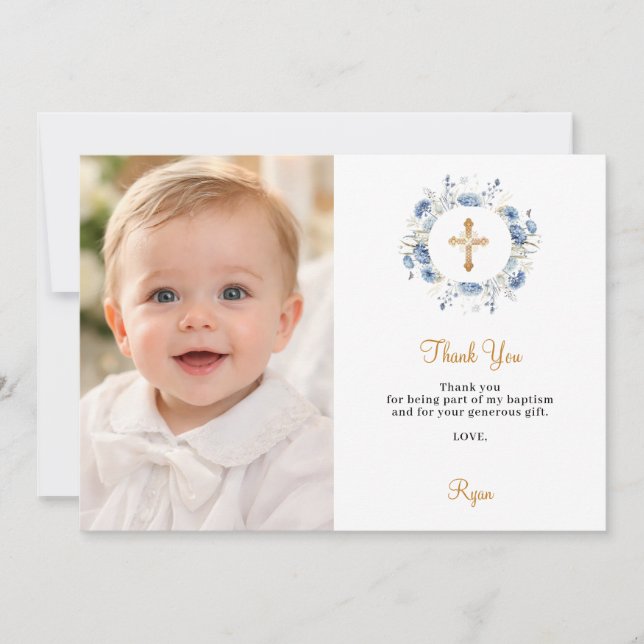 Carte De Remerciements Baptism blue florals photo boy (Devant)