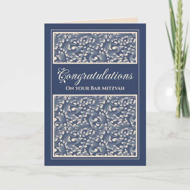Carte De Remerciements Bar Mitzvah Félicitations Damask Blue Card (Devant)