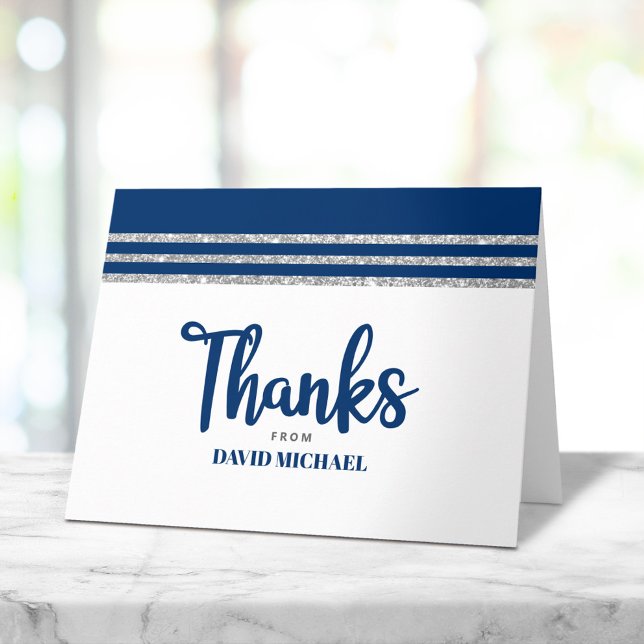 Carte De Remerciements Bar Mitzvah Moderne Tallit Bleu Marine Argent Écri (Créateur téléchargé)