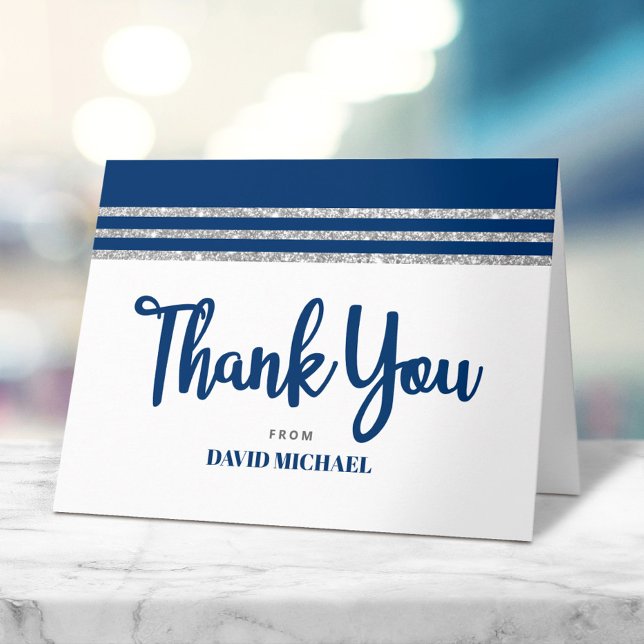 Carte De Remerciements Bar Mitzvah Navy Bleu Tallit Argent Script Moderne (Créateur téléchargé)
