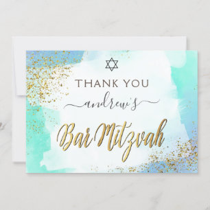 Carte De Remerciements Barre D'Aquarelle Bleu Et Or Mitzvah