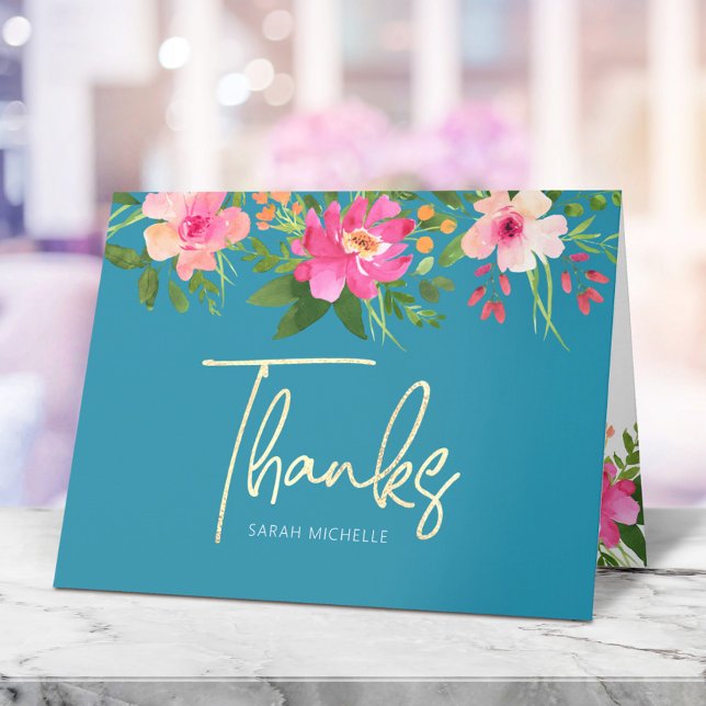 Carte De Remerciements Bat mitzvah Bleu Gold Script Floral Aquarelle (Créateur téléchargé)