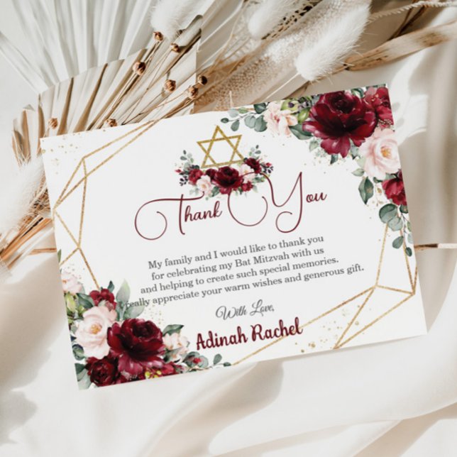 Carte De Remerciements Bat mitzvah Burgundy Blush Floral Gold Star (Créateur téléchargé)