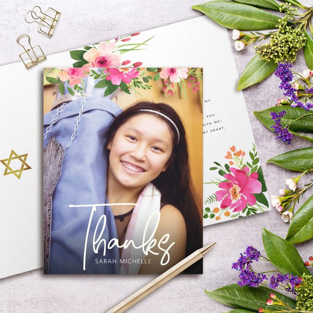 Carte De Remerciements Bat mitzvah Floral Aquarelle Script Photo personna (Créateur téléchargé)