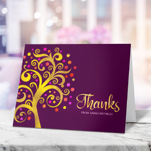 Carte De Remerciements Bat mitzvah Moderne Gold Foil Arbre de vie Bourgog