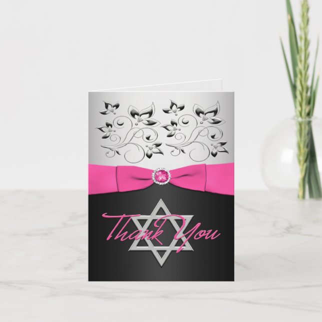 Carte de remerciements Bat mitzvah noir, rose et a (Devant)