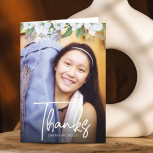 Carte De Remerciements Bat mitzvah Script Photo or Floral Aquarelle