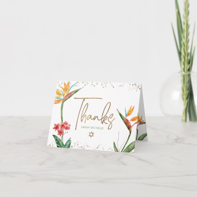 Carte De Remerciements Bat mitzvah tropical Floral Aquarelle Gold Script (Devant)