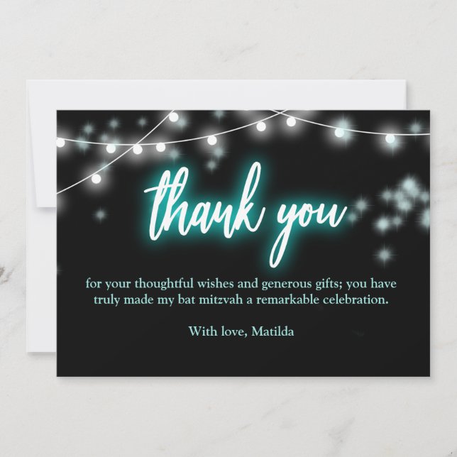Carte De Remerciements Bat Mitzvah Turquoise Neon Themed (Devant)