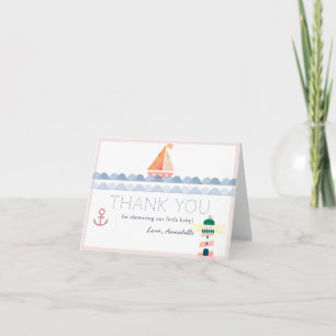 Carte De Remerciements Bateau à voile et phare Baby shower rose marine